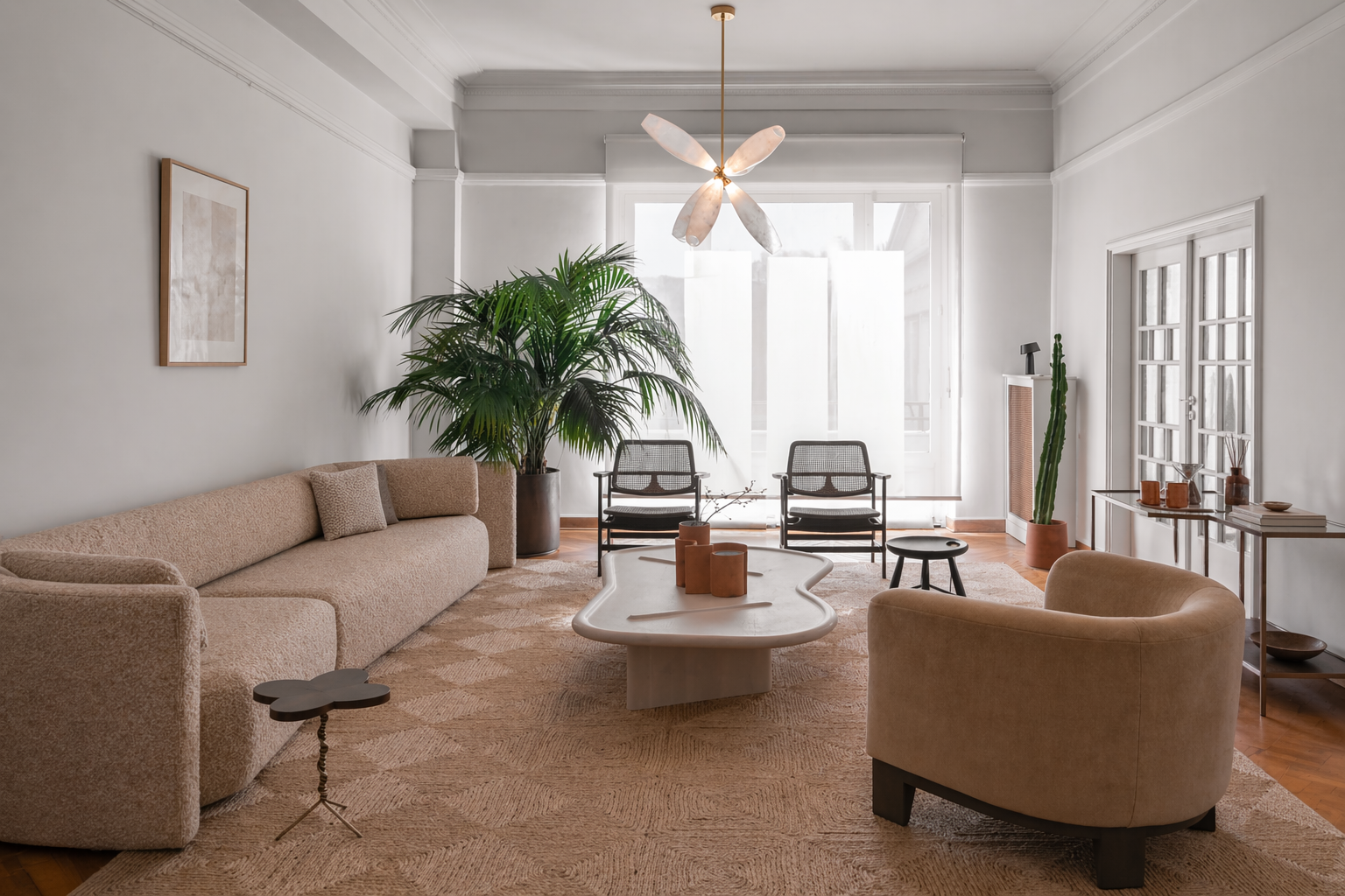 Modern living room with stone and warm neutral interiors